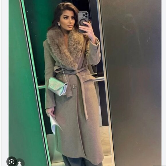 ZARA WOMAN TAUPE BROWN MINK FAUX FUR WOOL BLEND LAPEL COLLAR COAT NWT 9225/147